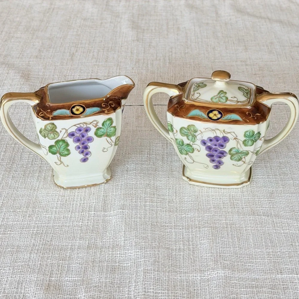 Antique Noritake Hand-Painted Grape Creamer and Sugar Bowl w/Top Set,  apan